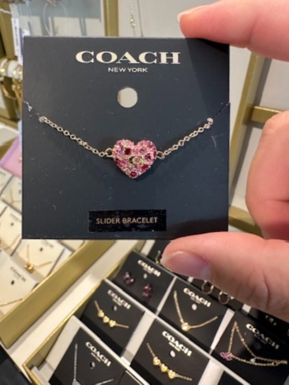 NWT! Coach CDS80 Women's Pavé Heart Slider Bracelet With Dust Bag In Gold/ Pink